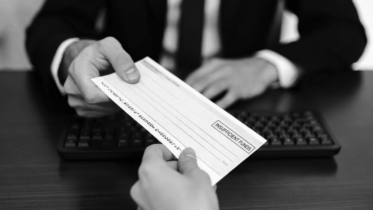 Two people exchanging a returned cheque across an office desk, in black and white