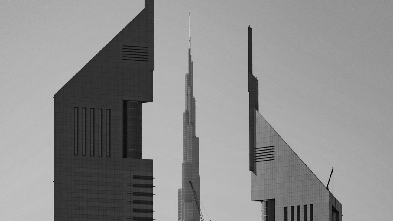 Emirates Towers and Burj Khalifa, Dubai, in black and white