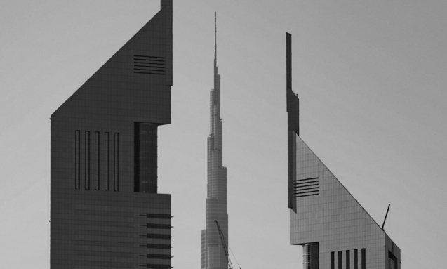 Emirates Towers and Burj Khalifa, Dubai, in black and white
