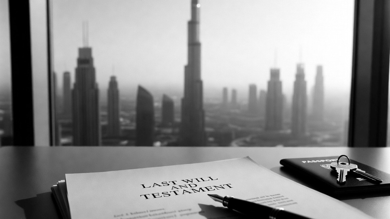 Last Will and Testament with a fountain pen, passport and house keys on a desk overlooking the Dubai skyline and Burj Khalifa, in black and white