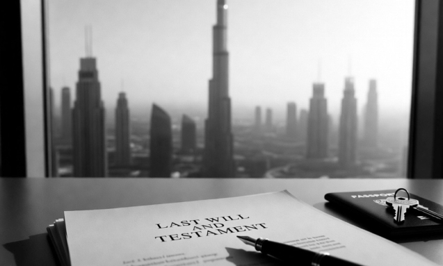 Last Will and Testament with a fountain pen, passport and house keys on a desk overlooking the Dubai skyline and Burj Khalifa, in black and white